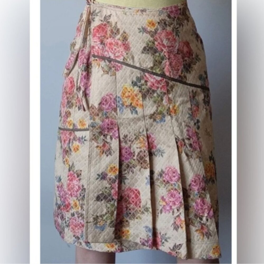 Oilily sz 8 Tapestry Floral Beige Pink Pleated Wrap Skirt Pink Lining Grannycore